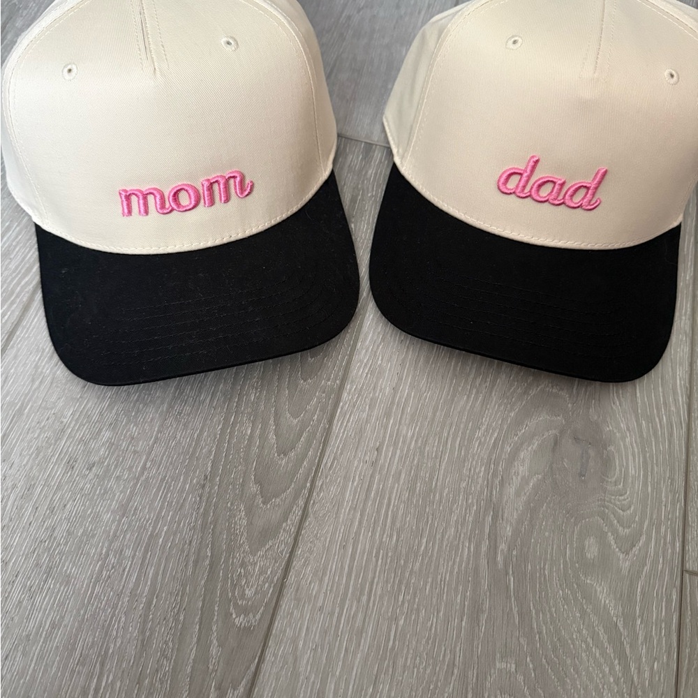 Cream and Black 'Mom' and 'Dad' Caps, NWOT